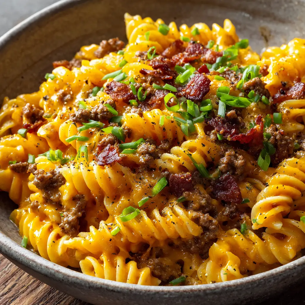 Bacon Cheeseburger Pasta with Sharp Cheddar and Crispy Bacon