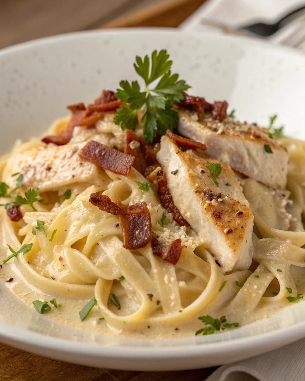 Chicken Carbonara with Crispy Turkey Bacon and Silky Parmesan Sauce