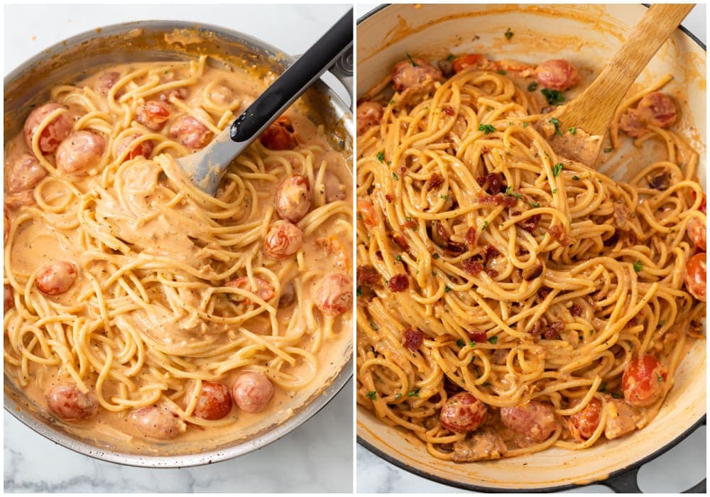 Creamy Bacon Pasta with Garlic, Parmesan, and Cherry Tomatoes