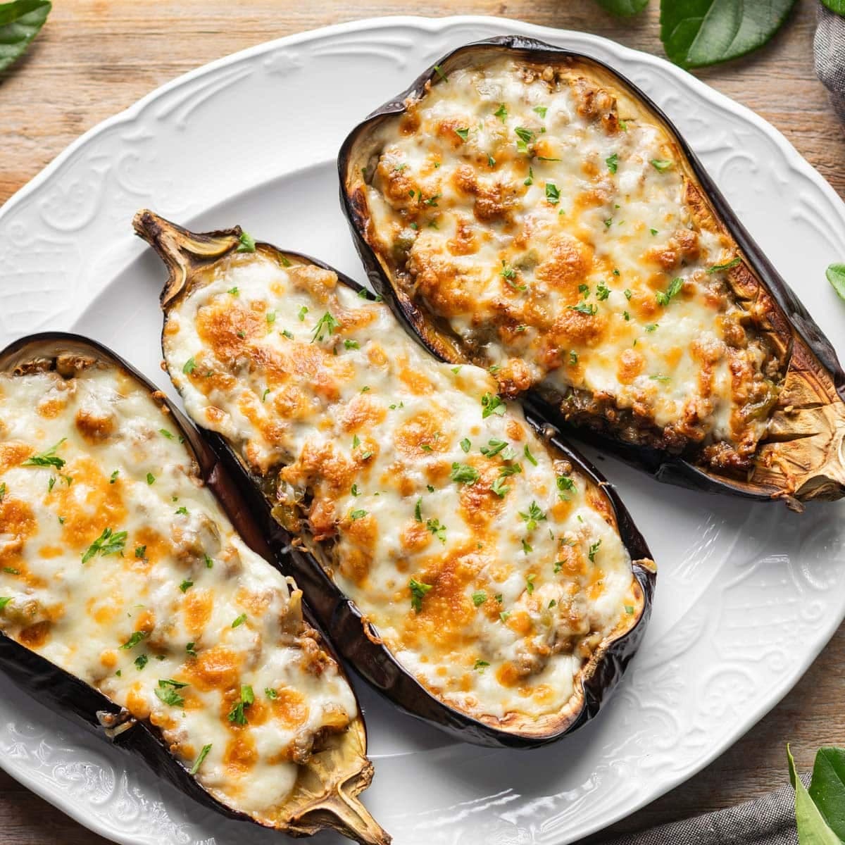 Spanish Stuffed Eggplant with Ground Beef and Browned Mozzarella