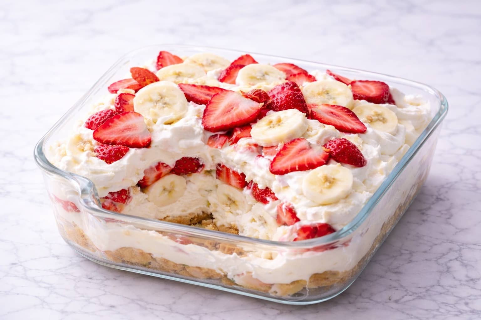 Strawberry Cheesecake Banana Pudding with Fresh Berries and Vanilla Wafers