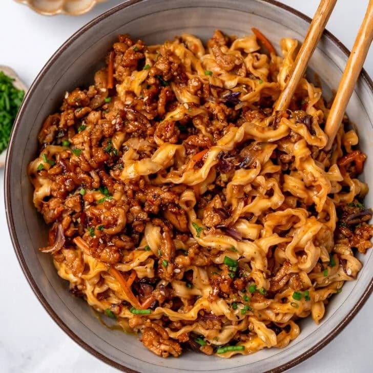 Sticky Honey Garlic Chicken Noodles with Crisped Slaw