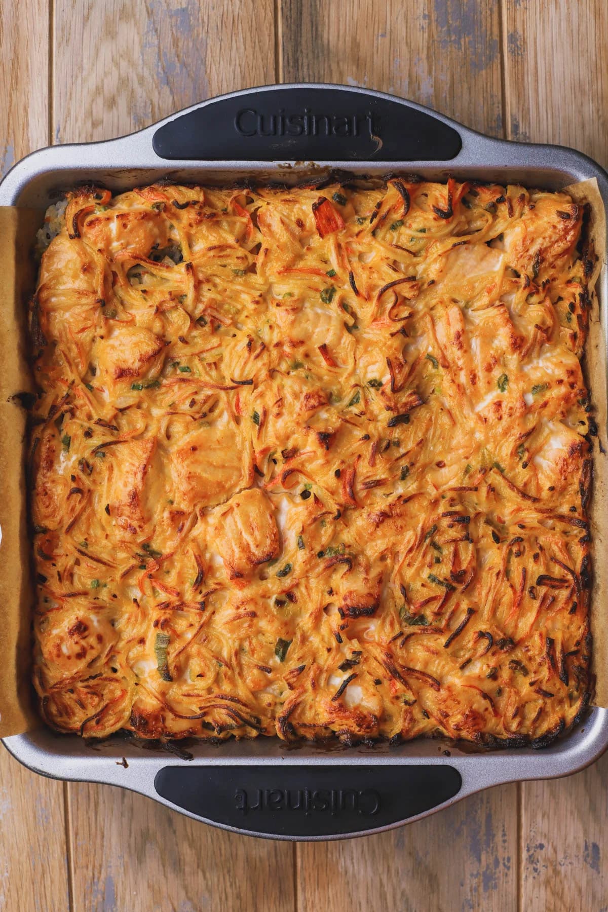 Salmon Sushi Bake with Creamy Spicy Salmon and Crispy Nori