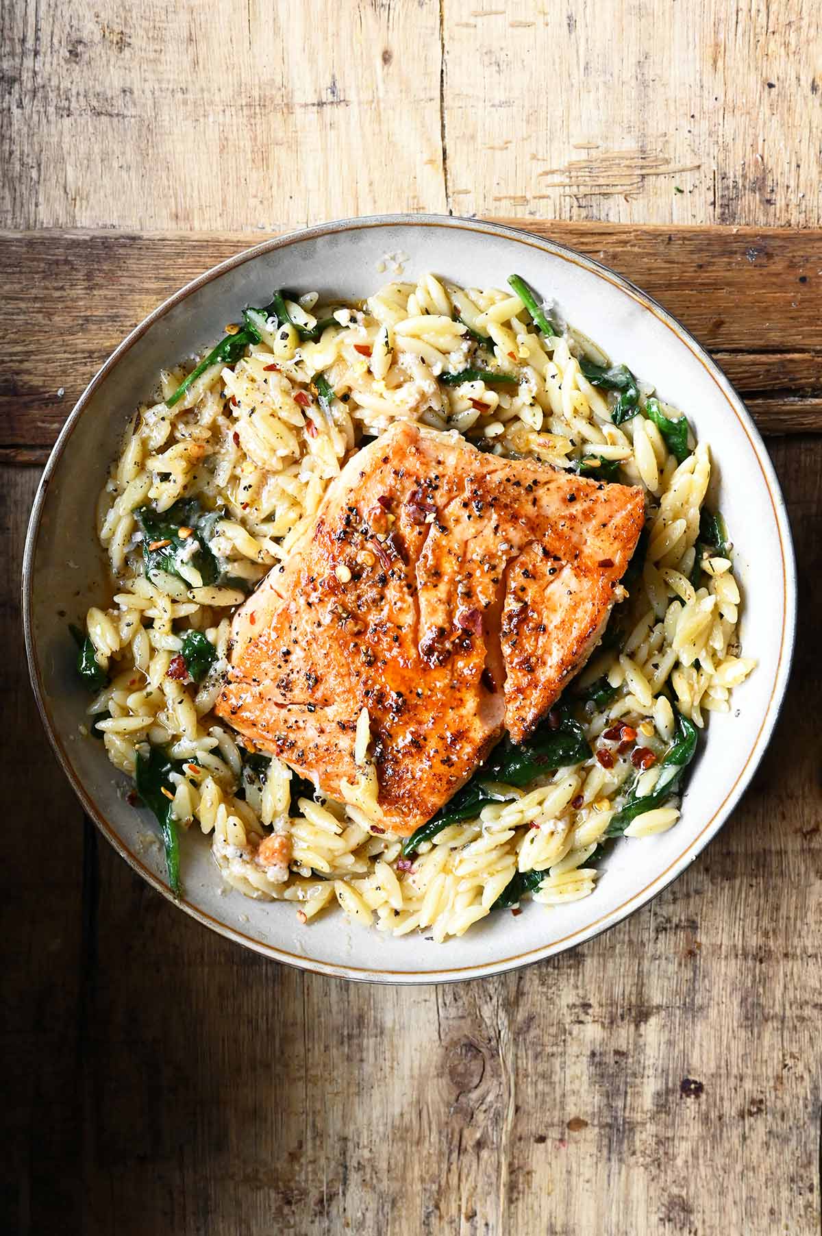 One Skillet Salmon with Lemon Orzo, Spinach, and Parmesan