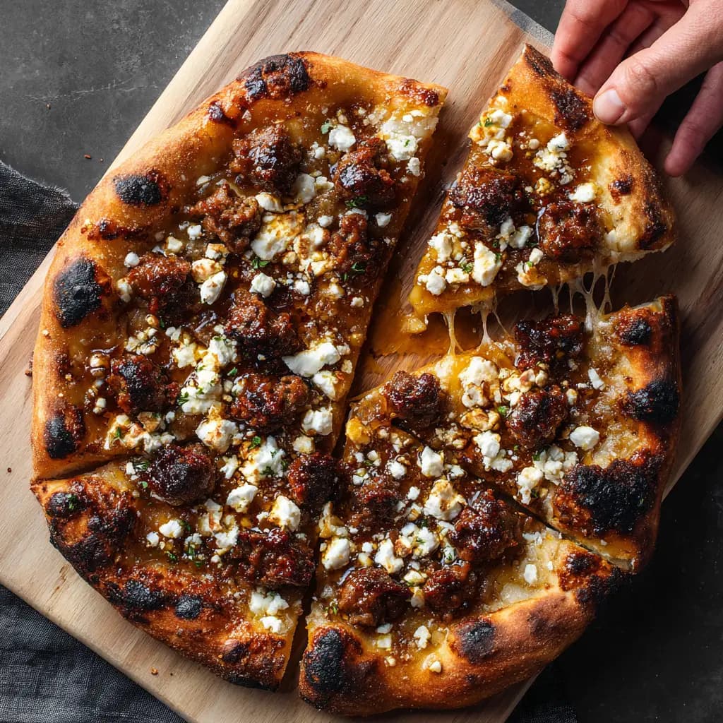 Sausage Feta Hot Honey Pizza with Red Onion