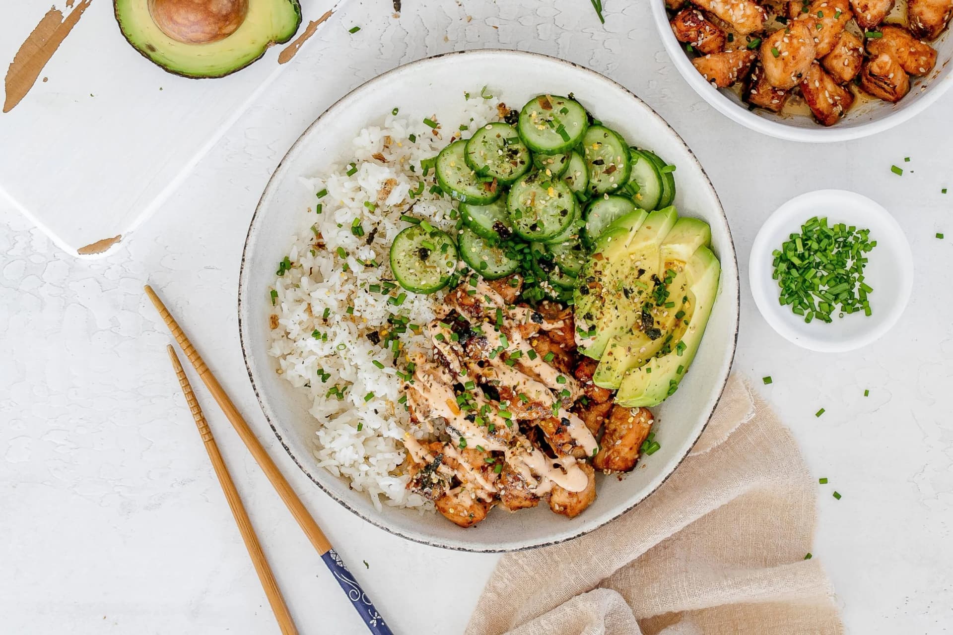 Spicy Salmon Bowls with Coconut Rice and Quick-Pickled Cucumber
