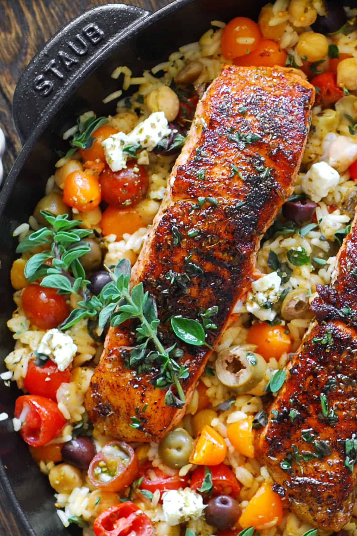 Mediterranean Salmon with Lemon Chickpea Rice and Feta