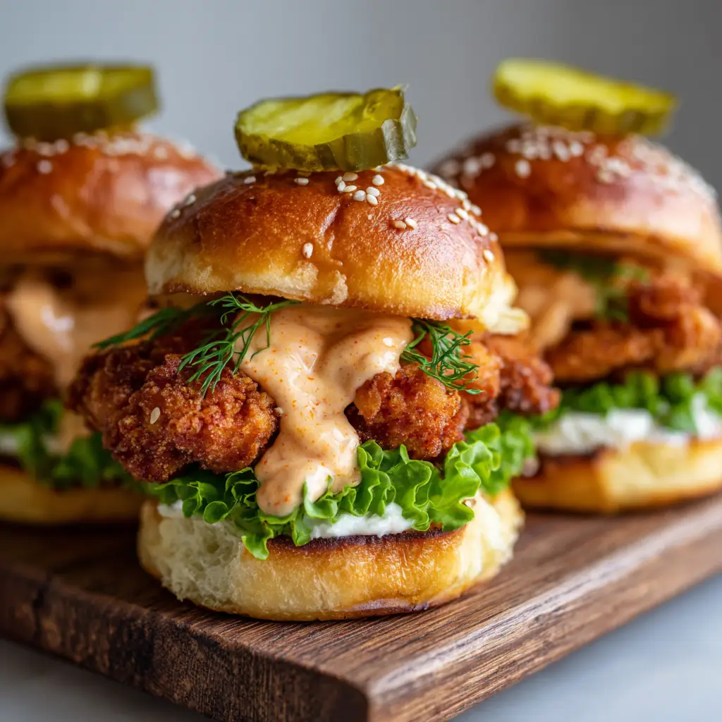 Crispy Fried Chicken Sliders with Spicy Mayo and Pickles
