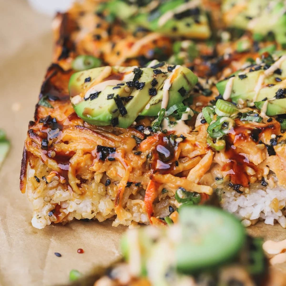 Salmon Sushi Bake with Creamy Spicy Salmon and Crispy Nori