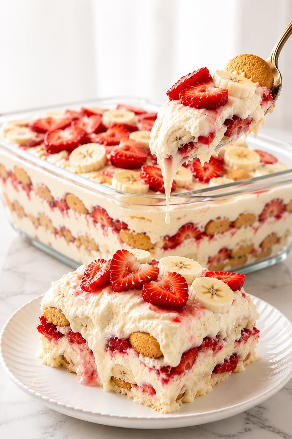 Strawberry Cheesecake Banana Pudding with Fresh Berries and Vanilla Wafers