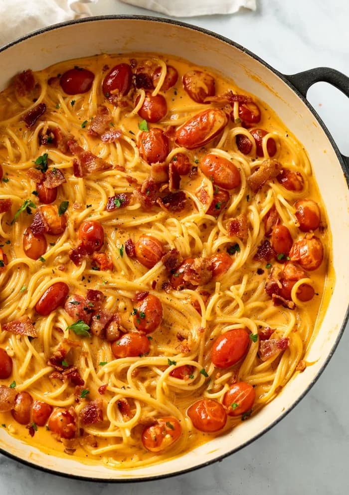 Creamy Bacon Pasta with Garlic, Parmesan, and Cherry Tomatoes