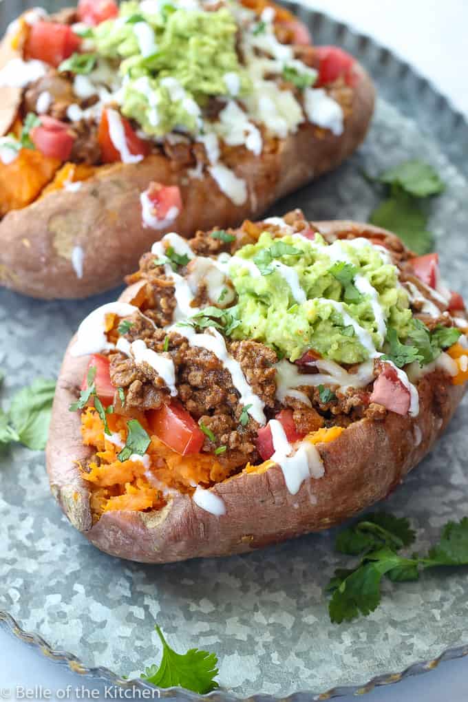 Taco Stuffed Sweet Potatoes with Thick Ground Beef Salsa Filling