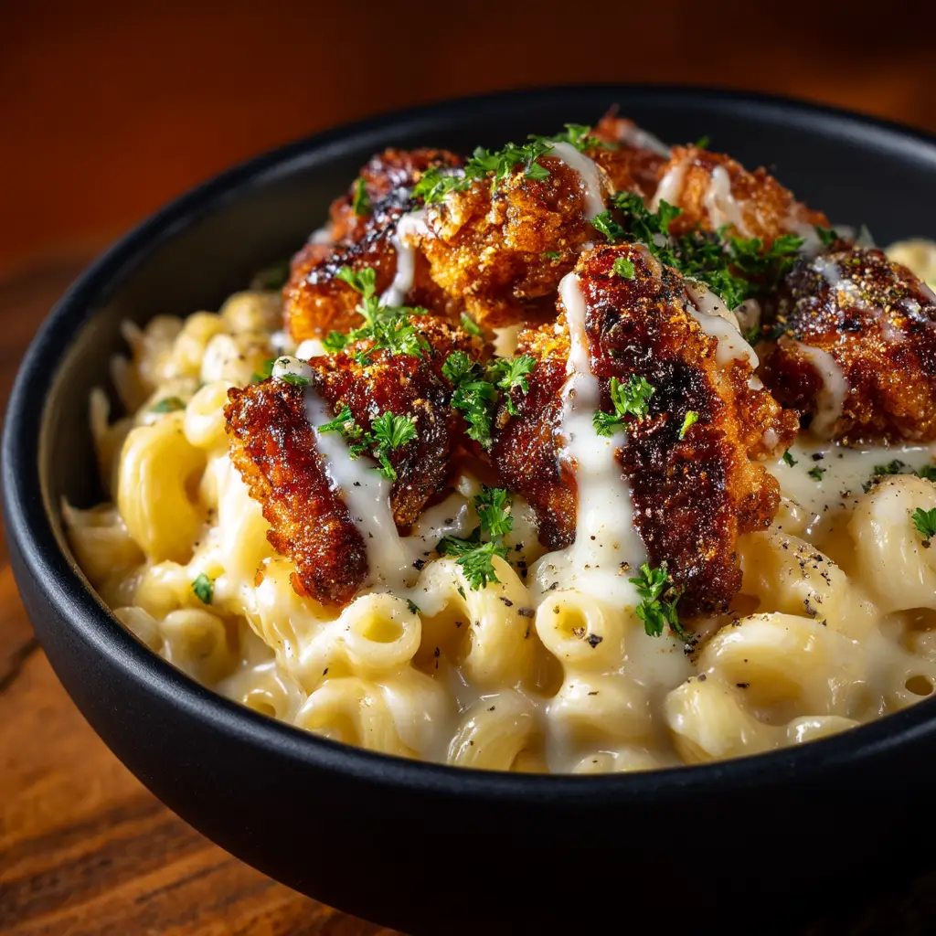 Honey Pepper Chicken Mac and Cheese with Cheddar and Gruyère