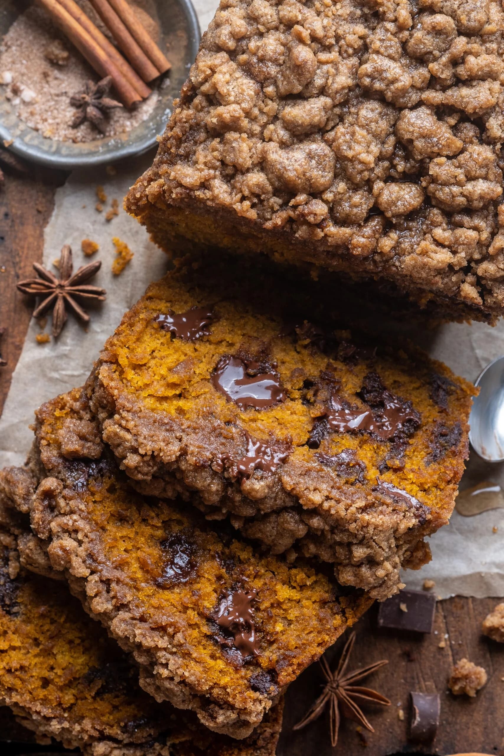 Pumpkin Chocolate Chip Streusel Bread with Crunchy Cinnamon Topping