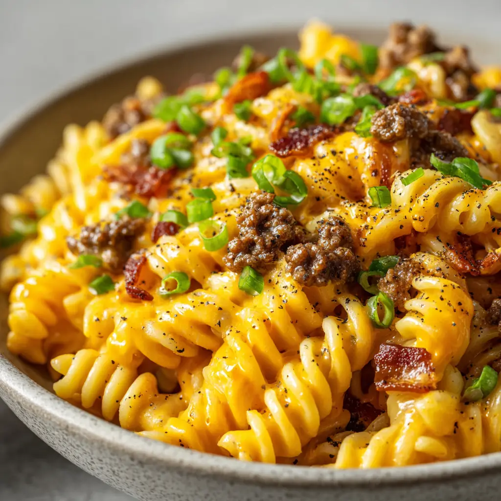 Bacon Cheeseburger Pasta with Sharp Cheddar and Crispy Bacon