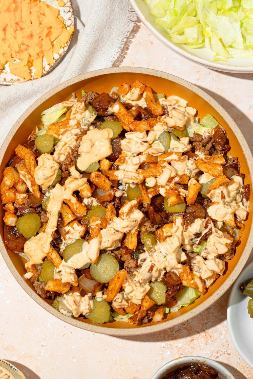 In-N-Out Burger Bowls with Crispy Beef and Creamy Pickle Sauce