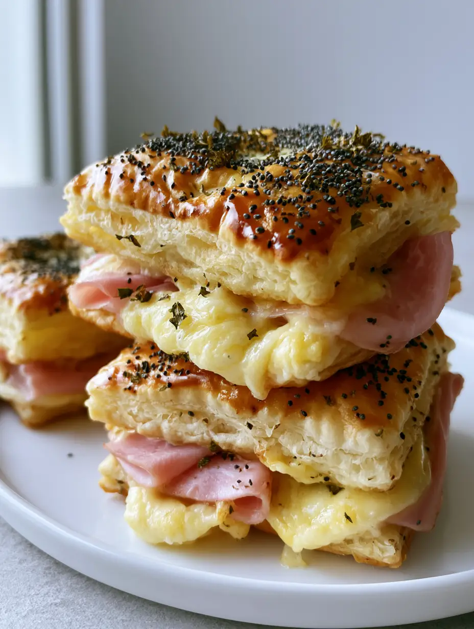 Ham and Cheese Puff Pastry Stacks with Poppy Seed Crust