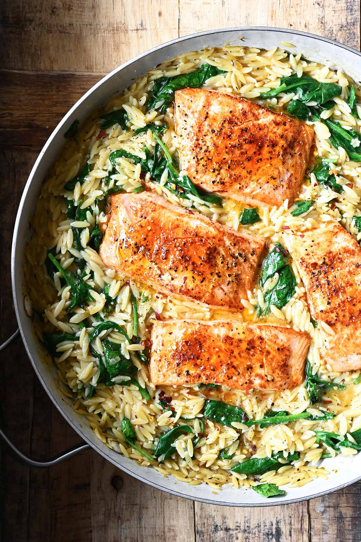 One Skillet Salmon with Lemon Orzo, Spinach, and Parmesan