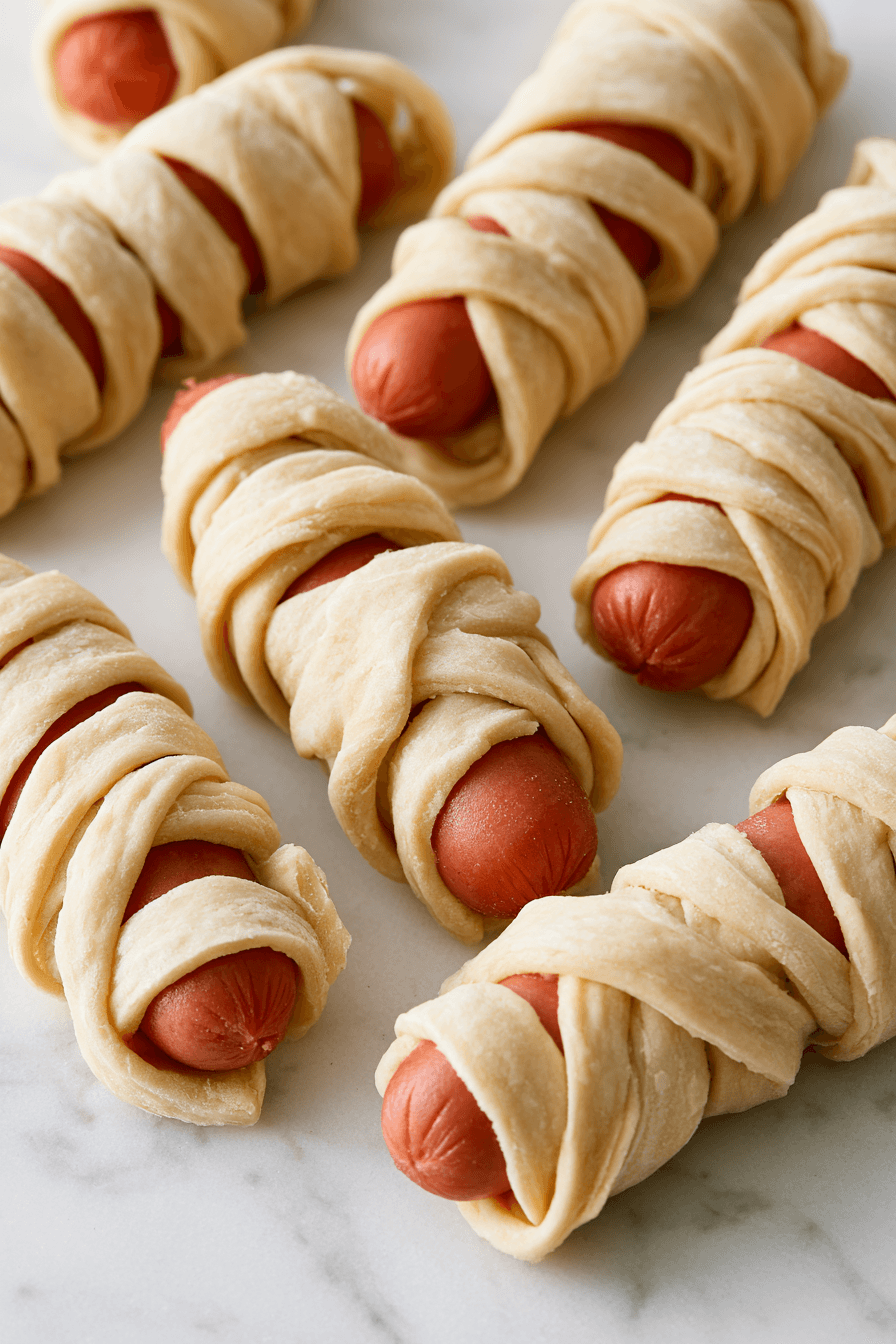 Halloween Mummy Hot Dogs with Flaky Crescent Roll Wrapping