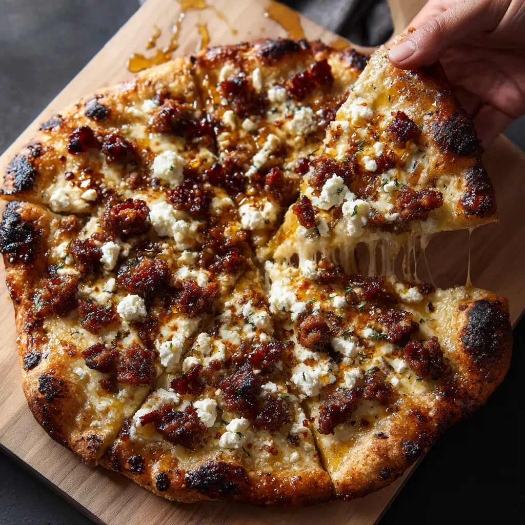 Sausage Feta Hot Honey Pizza with Red Onion