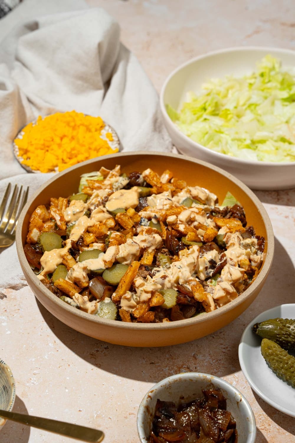 In-N-Out Burger Bowls with Crispy Beef and Creamy Pickle Sauce