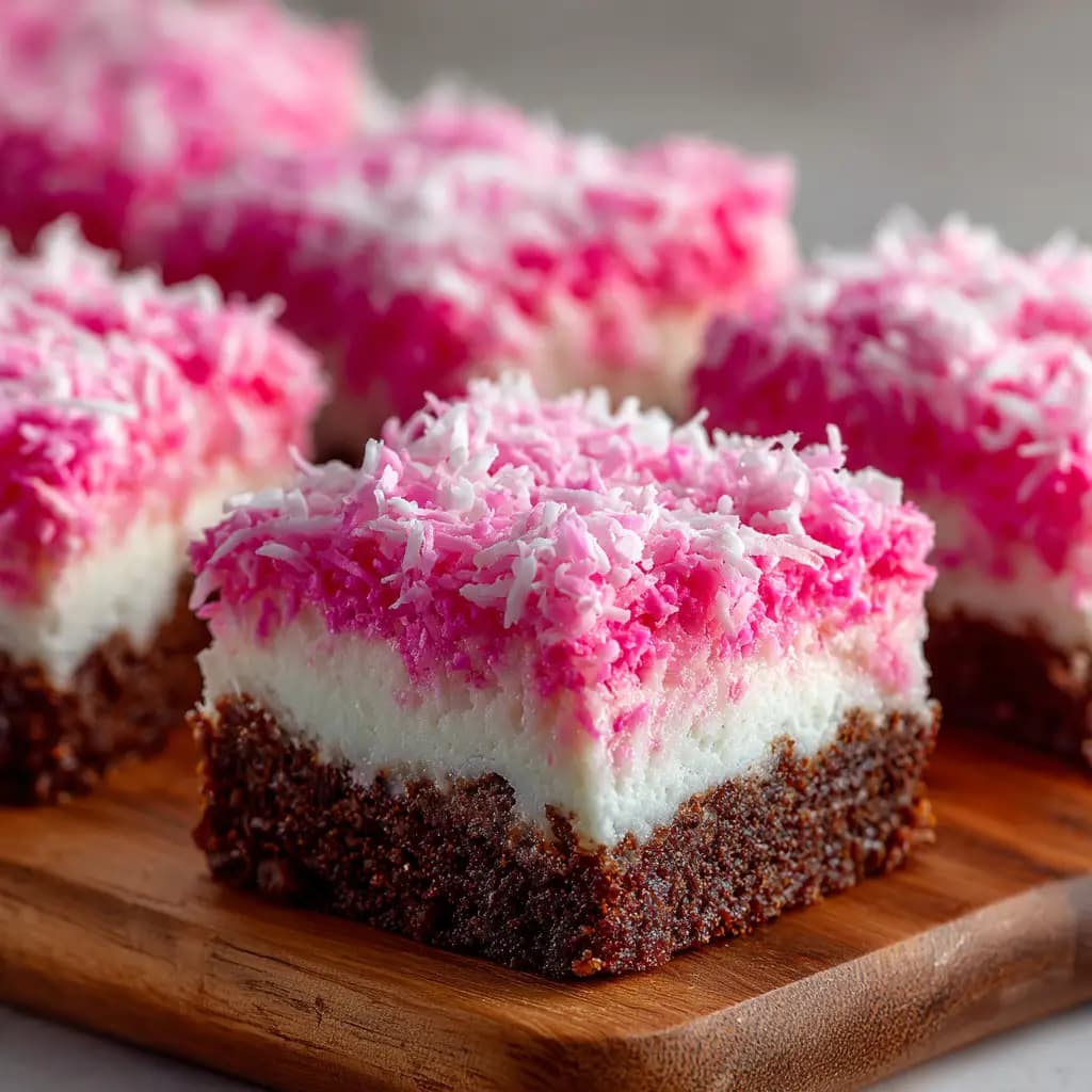 Pink Coconut Snowball Cake Bars with Marshmallow Frosting