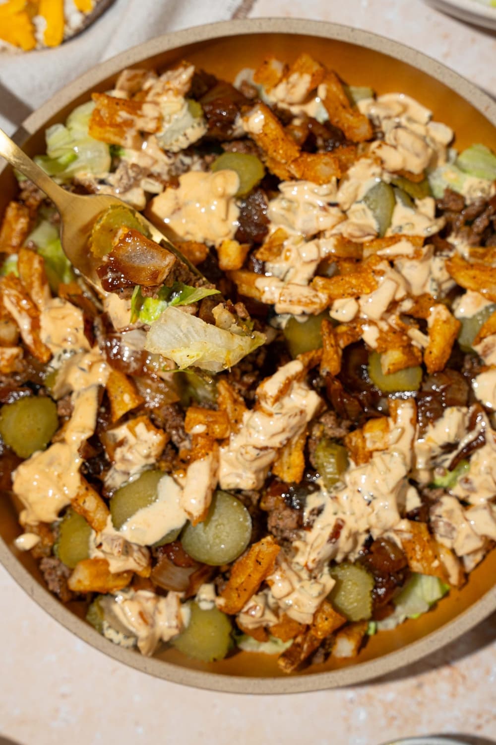 In-N-Out Burger Bowls with Crispy Beef and Creamy Pickle Sauce
