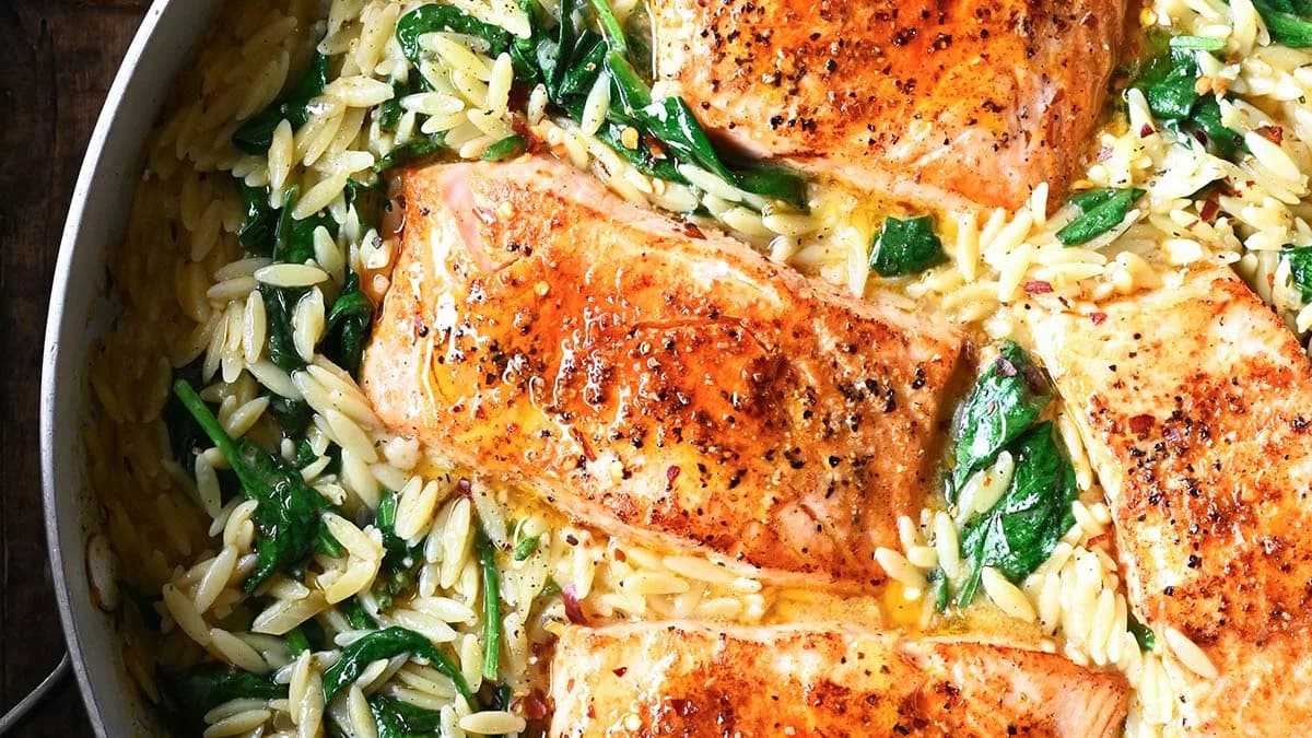One Skillet Salmon with Lemon Orzo, Spinach, and Parmesan