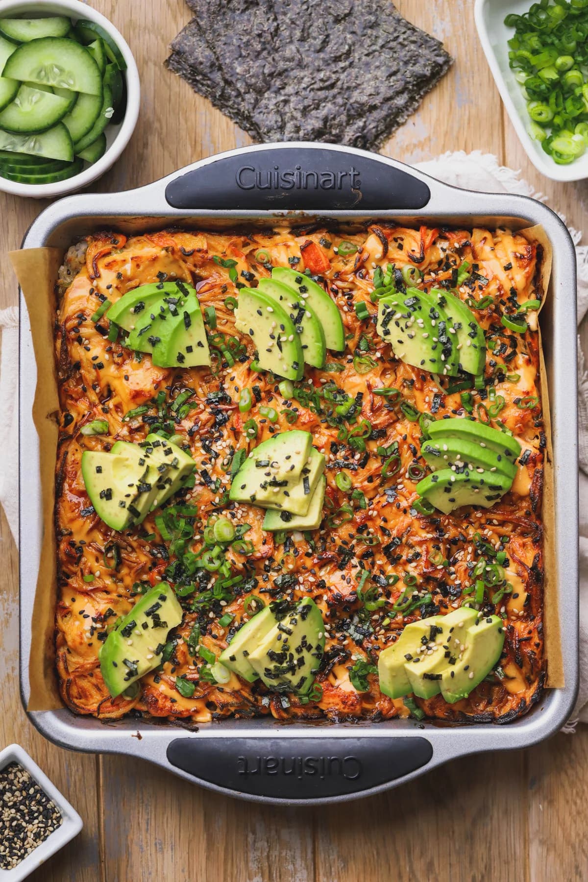 Salmon Sushi Bake with Creamy Spicy Salmon and Crispy Nori
