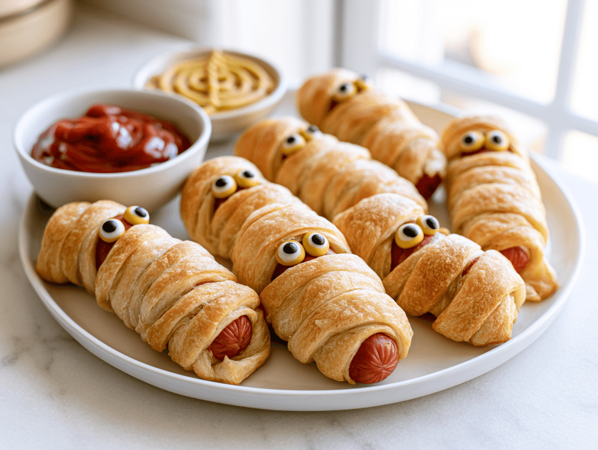 Halloween Mummy Hot Dogs with Flaky Crescent Roll Wrapping